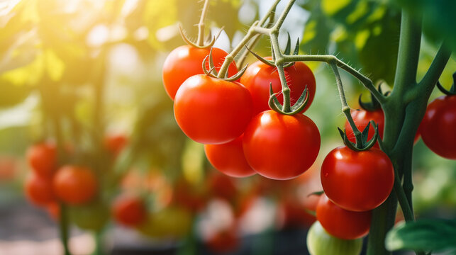 Close-up of plants with fresh tomatoes in the garden