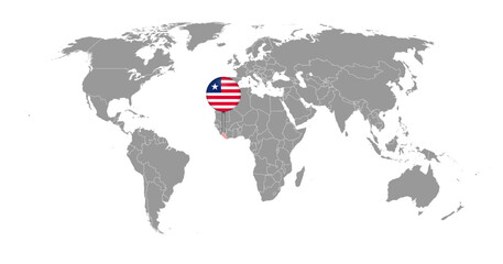 Pin map with Liberia flag on world map. Vector illustration.