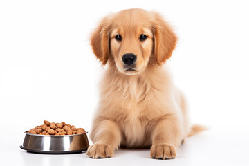 Full size portrait of sad Golden Retriever dog with a big bowl of dog food Isolated on white background