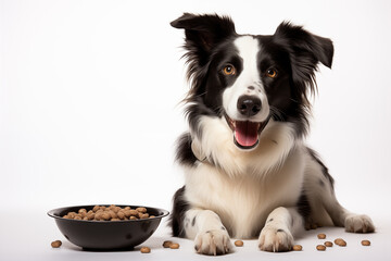Full size portrait of happy Border Collie dog with a big bowl of dog food Isolated on white background