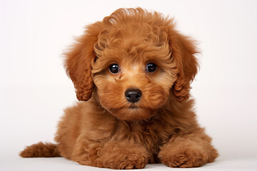 Full size portrait of red furred Poodle puppy Isolated on white background