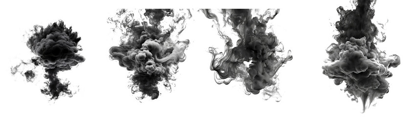 Set of abstract black smoke plumes in an explosive effect displayed on a clear, transparent backdrop.