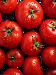 Pomidory, tło z naturalnych, soczystych, pięknych pomidorów, widok z góry.