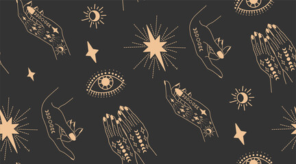 Seamless pattern with hands. A woman casts a spell. Magic hands. 
Palm tattoos. On a dark background. Gold on black background