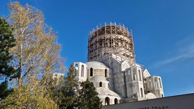 Cathedral under construction process in Ungheni city, Moldova. Christian orthodox church building, architecture details
