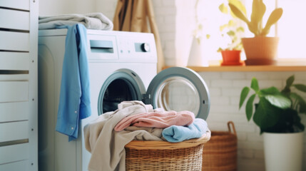 Modern washing machine and laundry basket with Stack of clean clothes