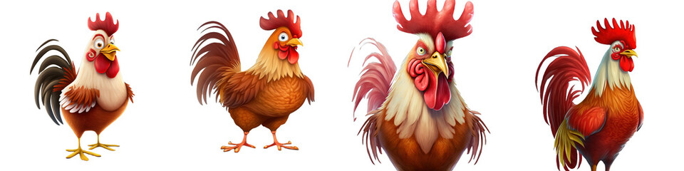 Cartoon rooster and chicken character set showcased in various poses and emotions, displayed on a transparent backdrop for versatile use.