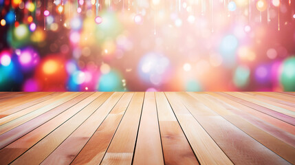 Empty wooden floor for mockup on the colorful ballons background  - obrazy, fototapety, plakaty