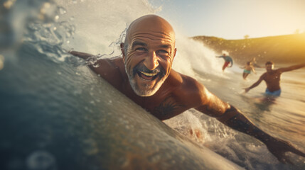 handsome guy traveler surfer in touristic clothing enjoying ocean sea waves swimming time - obrazy, fototapety, plakaty