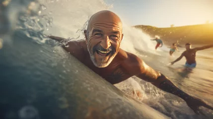 Foto op Canvas handsome guy traveler surfer in touristic clothing enjoying ocean sea waves swimming time © Natalia Klenova