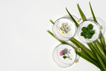 Petri dishes with fresh herbs on green leaves, white background, copy space. Phytotherapy, herbal medicine
