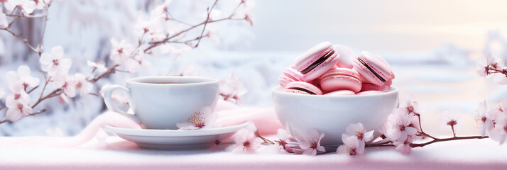 Hot drink and cakes on a wintery holiday setting adorned with pink cherry flowers.
