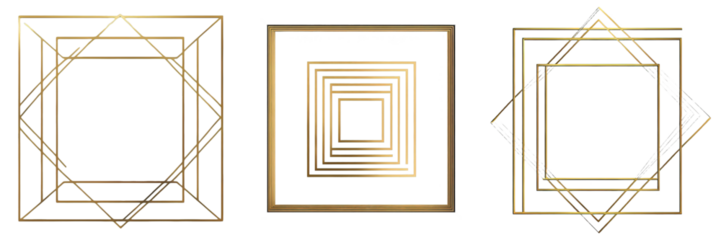 A collection of golden geometric frames, featuring different shapes, elegantly displayed against a clear transparent backdrop.