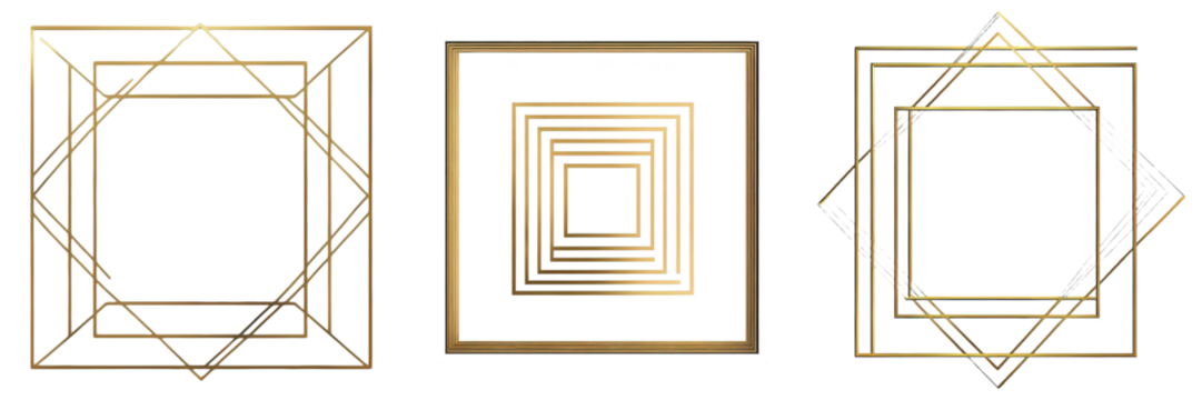A collection of golden geometric frames, featuring different shapes, elegantly displayed against a clear transparent backdrop. - Powered by Adobe