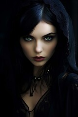 Fototapeta na wymiar dark fantasy gothic stunningly realistic beauty looking over the shoulder at the viewer, captivating eyes, beautiful face. generative AI