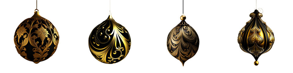 Fototapeta premium Golden ornament dangles against a pitch-black tableau, poised on a see-through backdrop, emitting a solitary elegance.