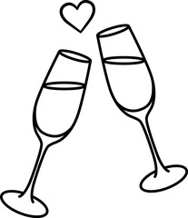 Two glasses with Champagne and a Heart for Coloring. Symbol of Love. Vector Illustration for Valentines Day