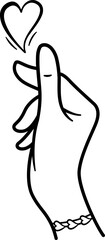 Korean Love Sign for Coloring Page. Hand and Heart Gesture. Vector Illustration for Valentines Day. Declaration of Love