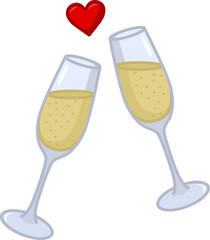 Two glasses of Champagne and a Red Heart. Symbol of Love. Vector Illustration for Valentines Day