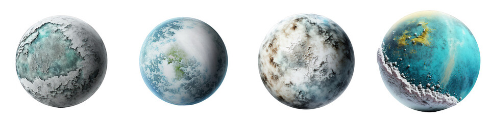 A detailed collection of planets depicted with realistic textures and lighting, presented without...