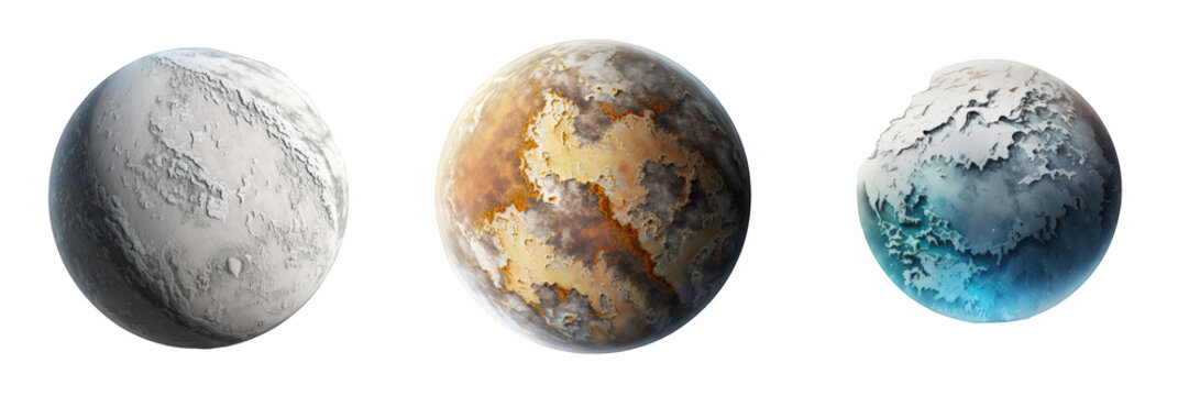 Set of realistic planets showcased against a seamless transparent backdrop, offering versatile use in different design applications.