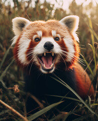 A red panda sitting in the grass.