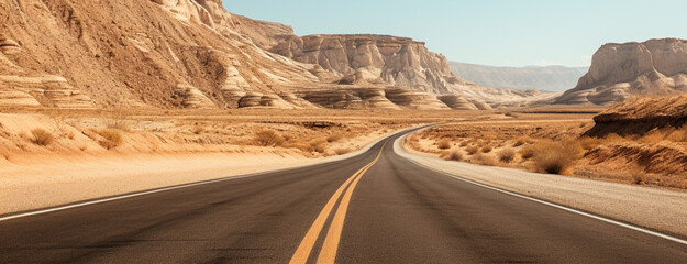 Long straight road through the desert with bushes growing on both sides of the road - obrazy, fototapety, plakaty