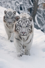 Fototapeta na wymiar Beautiful white tigers walking in a snow-covered area.