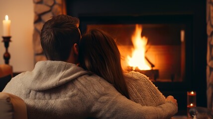 A loving couple sitting peacefully in front of the fireplace, Generative AI