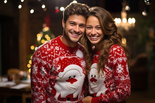 Smiling couple in ugly Christmas sweaters, Generative AI