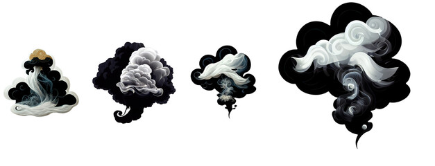 White cartoon-style smoke puff collection, varied shapes and sizes, digitally rendered, placed against a clear transparent backdrop.