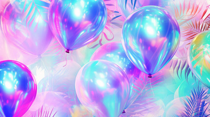 Holographic neon balloons background, iridescent colors