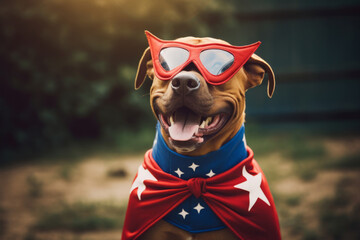 Dog wearing red superhero cape and mask. Generative AI