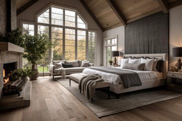 Farmhouse interior design of modern bedroom with hardwood floor. Generative AI