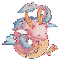 Red Chinese Dragon With Chinese Gold On The Air, Luna New Year 2024 Element Art