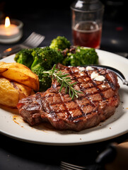 Rib eye steak on white plate served with vegetables