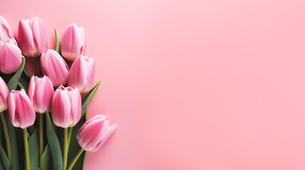 pink tulips on pink background place for text