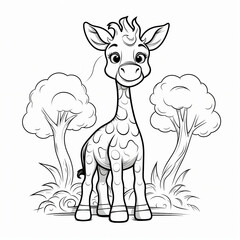 A happy friendly little giraffe coloring page for kids, minimalist detailed. thick outlines. isolated. ai generative