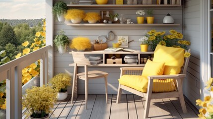 A balcony with a table and chairs and yellow flowers