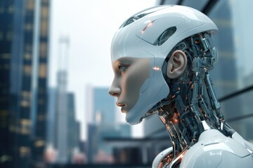 Fototapeta premium A robot wearing a helmet stands in front of a bustling city. This image can be used to depict futuristic technology or the advancement of artificial intelligence.