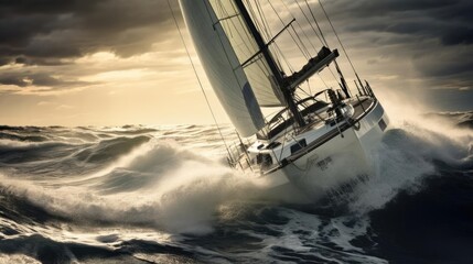 Close-up of a yacht in a stormy sea - obrazy, fototapety, plakaty