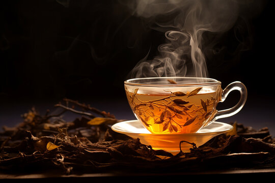 a cup of warm ginseng tea among ginseng roots and tea leaves. ai generative
