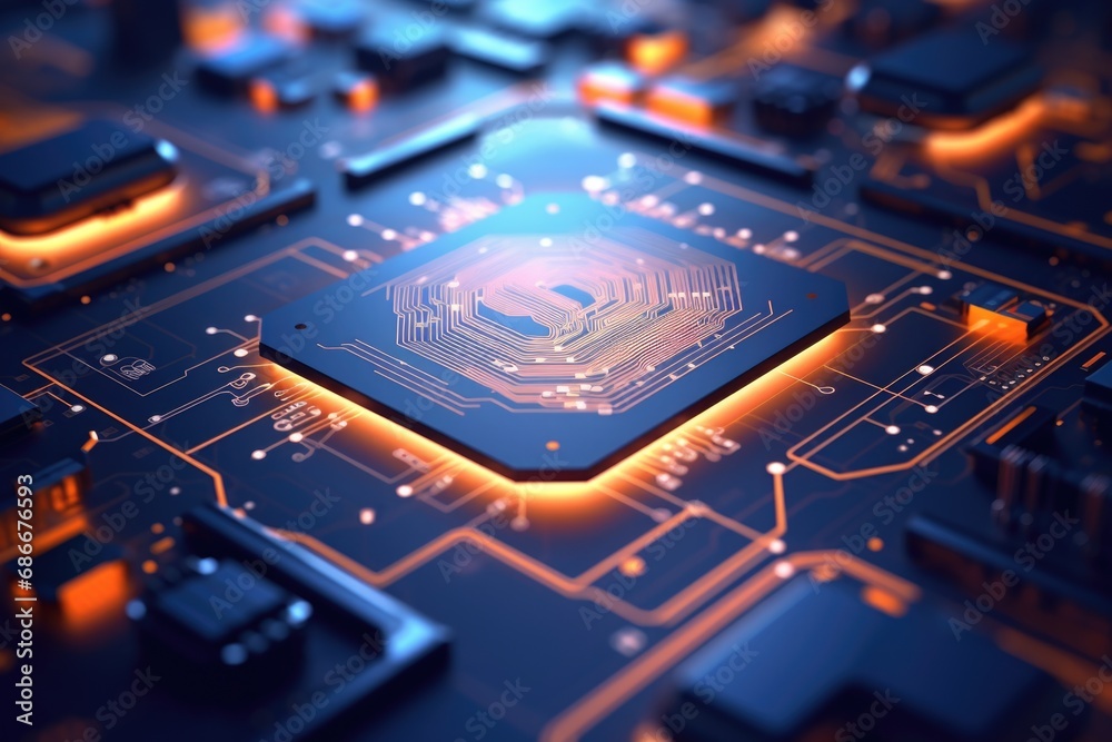 Poster a detailed close up view of a computer chip on a circuit board. this image can be used to illustrate
