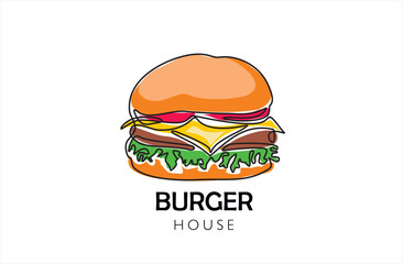 Continuous one line drawing of burger in minimalism design isolated on white background. Burger house concept.