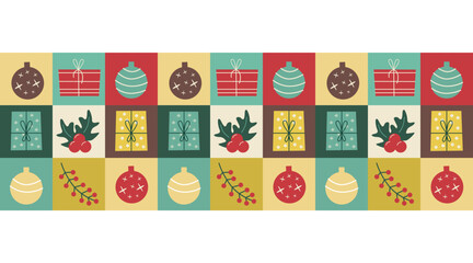 Christmas seamless border. Geometric pattern with Christmas tree decorations, Christmas gifts and holly