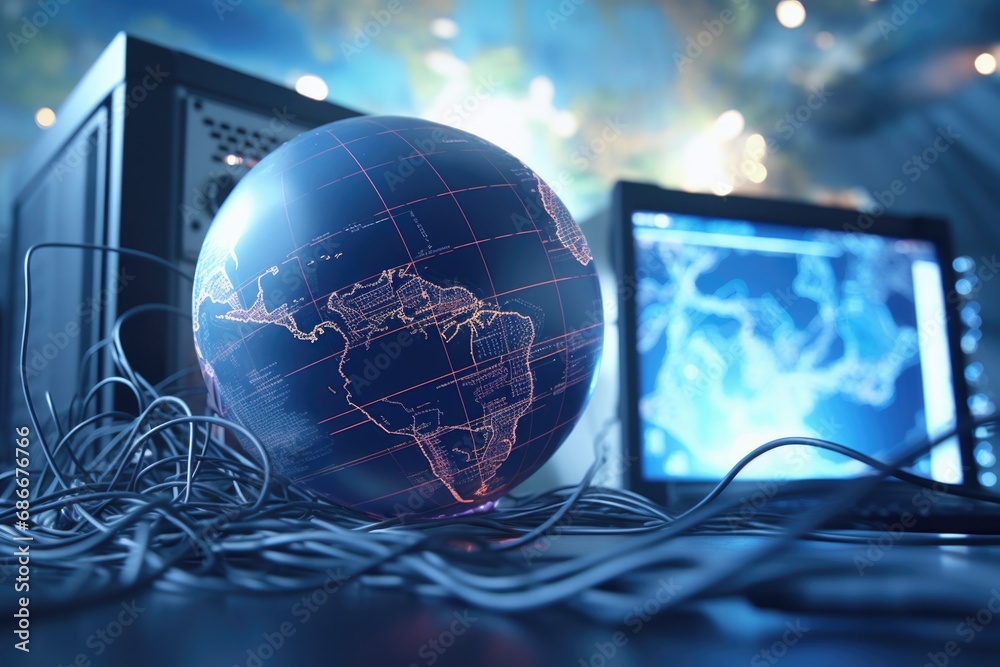 Poster a globe is sitting on top of a desk next to a computer. this image can be used to represent global c