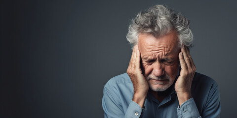 sick elderly man holding his head with his hand, headache. Gray background. ai generative