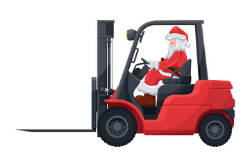 Santa Claus driving a red forklift. Safety when handling lift truck. Christmas campaign for cargo logistics and shipping of high demand merchandise for the Christmas season