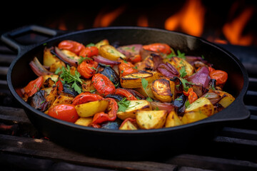 roasted vegetables on cast iron pan. ai generative