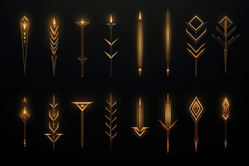 A set of golden arrows on a black background. Perfect for adding a touch of elegance and sophistication to any design. Ideal for use in presentations, websites, and graphic design projects. - obrazy, fototapety, plakaty